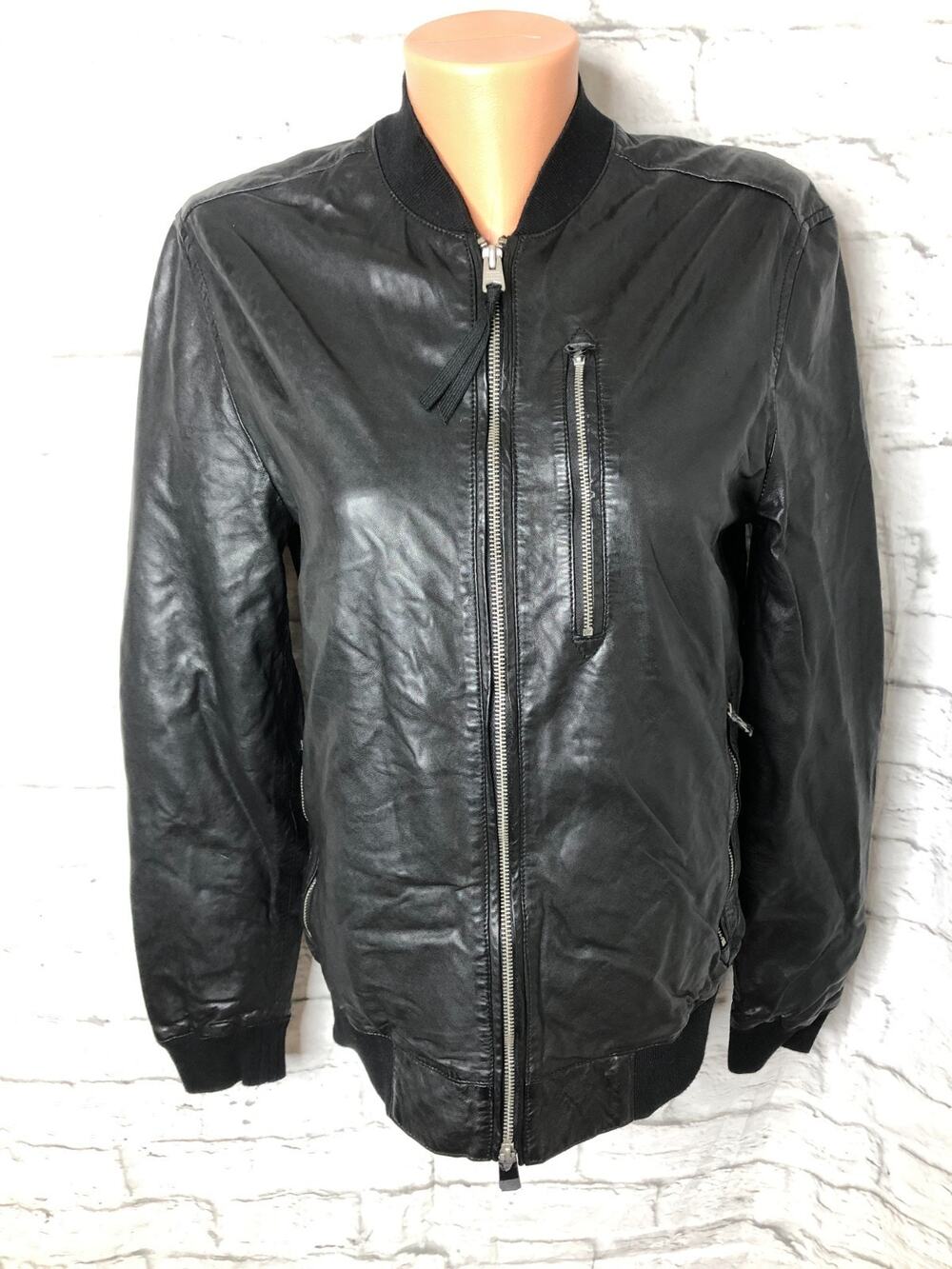 ALL SAINTS Leather Jacket Extra Small Mens Black Boyton Bomber